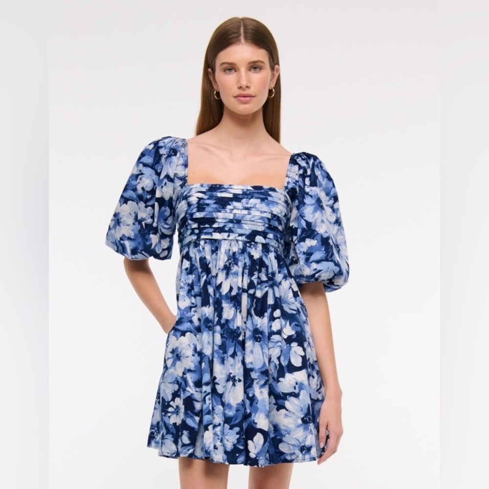 Abercrombie & Fitch Emerson Poplin Puff Sleeve Blue floral Mini Dress Sz XXS - Picture 6 of 14